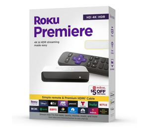 Roku Premiere | Reproductor multimedia de transmisión HD/4K/HDR, mando a distancia simple y cable HDMI premium, negro